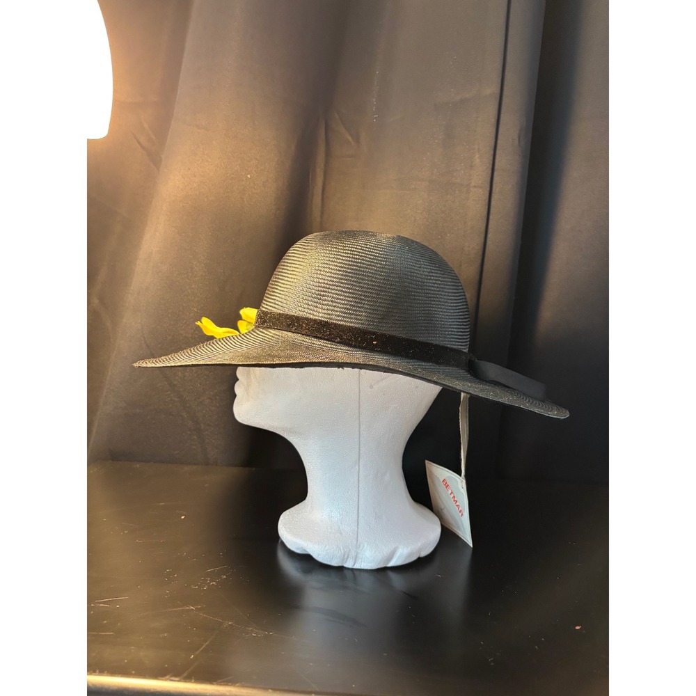 Vintage Betmar New York Black Wide Brim Sun Hat Yellow Floral Velvet Ribbon NWT